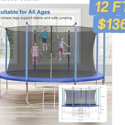 😀 12FT Trampoline with Safety Enclosure & Ladder - Recreational Trampolines for Kids/Adults, ASTM Certified Outdoor Bounce