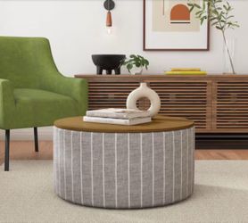 Homepop Gray Pinstripe Fabric Ottoman with Storage and Wood