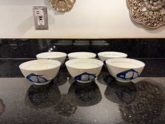 6 Chinese Rice Porcelain Bowl Hand-painted Blue Koi Fish Dishwasher-safe 4.5”