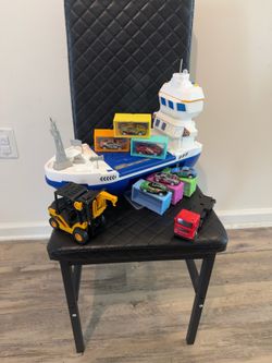 Toy Cargo Ship Transport Playset w/ Lights, Sounds, Inside Race track, Forklift, Truck, Containers & Cars
