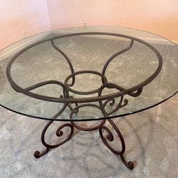 Wrought iron Tuscan Style Dining Table w/ round glass top and scrolled legs