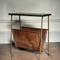 Brass Side Table With Leather Magazine Holder
