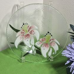 Peggy Karr Signed Fused Art Glass Dish Tiger Lillies 8.5"
