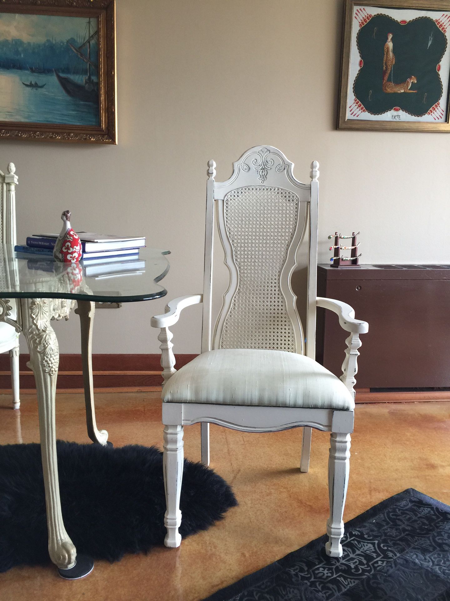 Antique caned back off white chair with gold accent