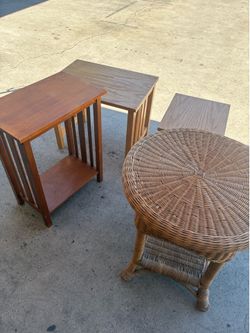 Side tables, one wicker and two wood ones