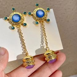 Gold drop dangle with blue and lilac stone women's earrings Gift