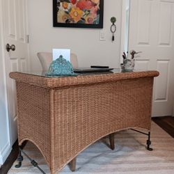 Wicker Rattan Desk with Glass Top