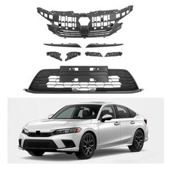 Front Grille Upper & Lower Compatible with 2022 2023 Honda Civic Front Bumper Mesh Grill