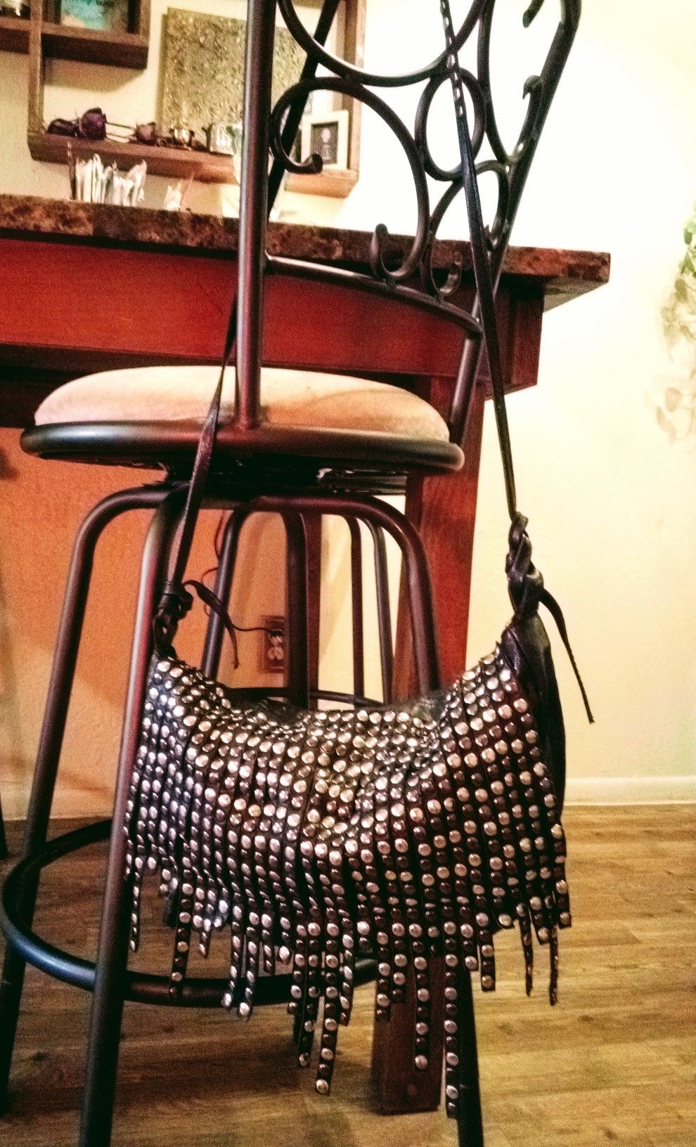Monserat De Lucca from Anthropologie black genuine leather studded fringe messenger crossbody shoulder bag hobo purse (Retail $328)