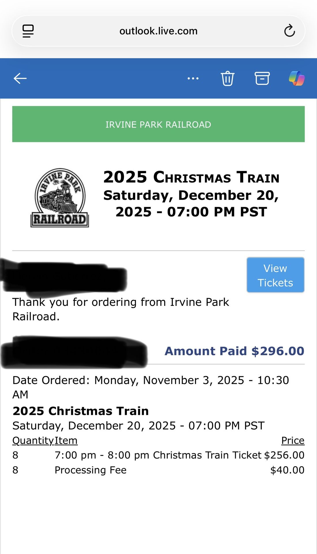 IRVINE REGIONAL PARK CHRISTMAS TRAIN TICKETS