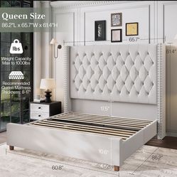 Queen Size Bed Frame with 61.4" Tall Headboard, Velvet Upholstered Wingback
