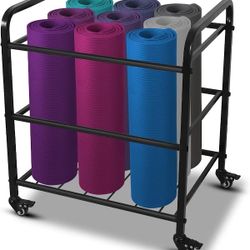 MM MELISEN Yoga Mat Storage Rack, Home Gym Studio Organizer Cart for Foam Roller, Yoga Strap and Resistance Bands, Movable Black Sports Equipment Stor