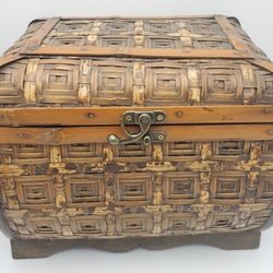 Vintage Woven Bamboo & Wood Dome-Top Chest