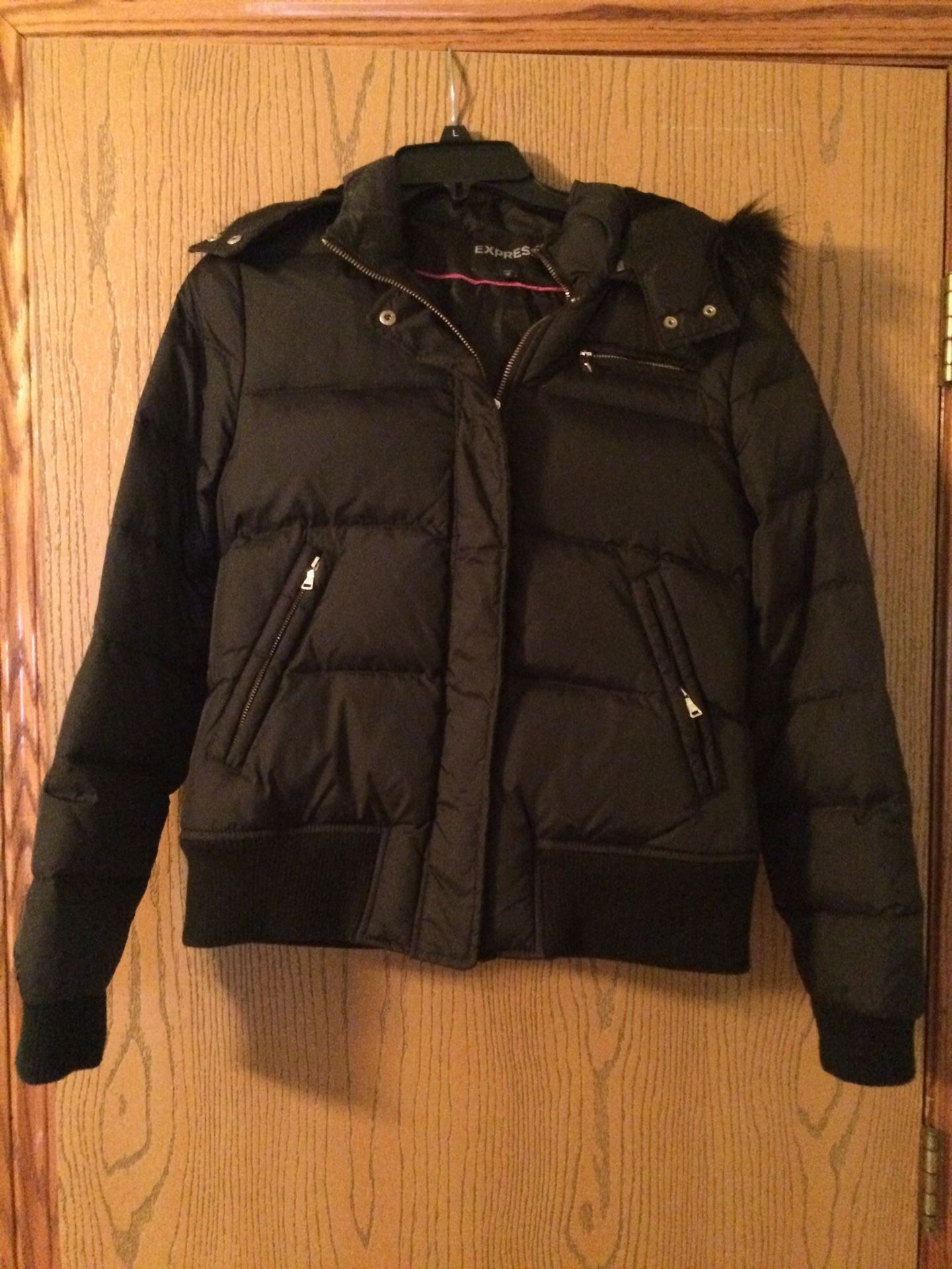 Winter jacket with warm hoodie from Express, size M in black color