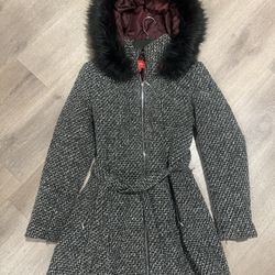 GUESS Faux-Fur-hooded Skirted coat winter peacoat