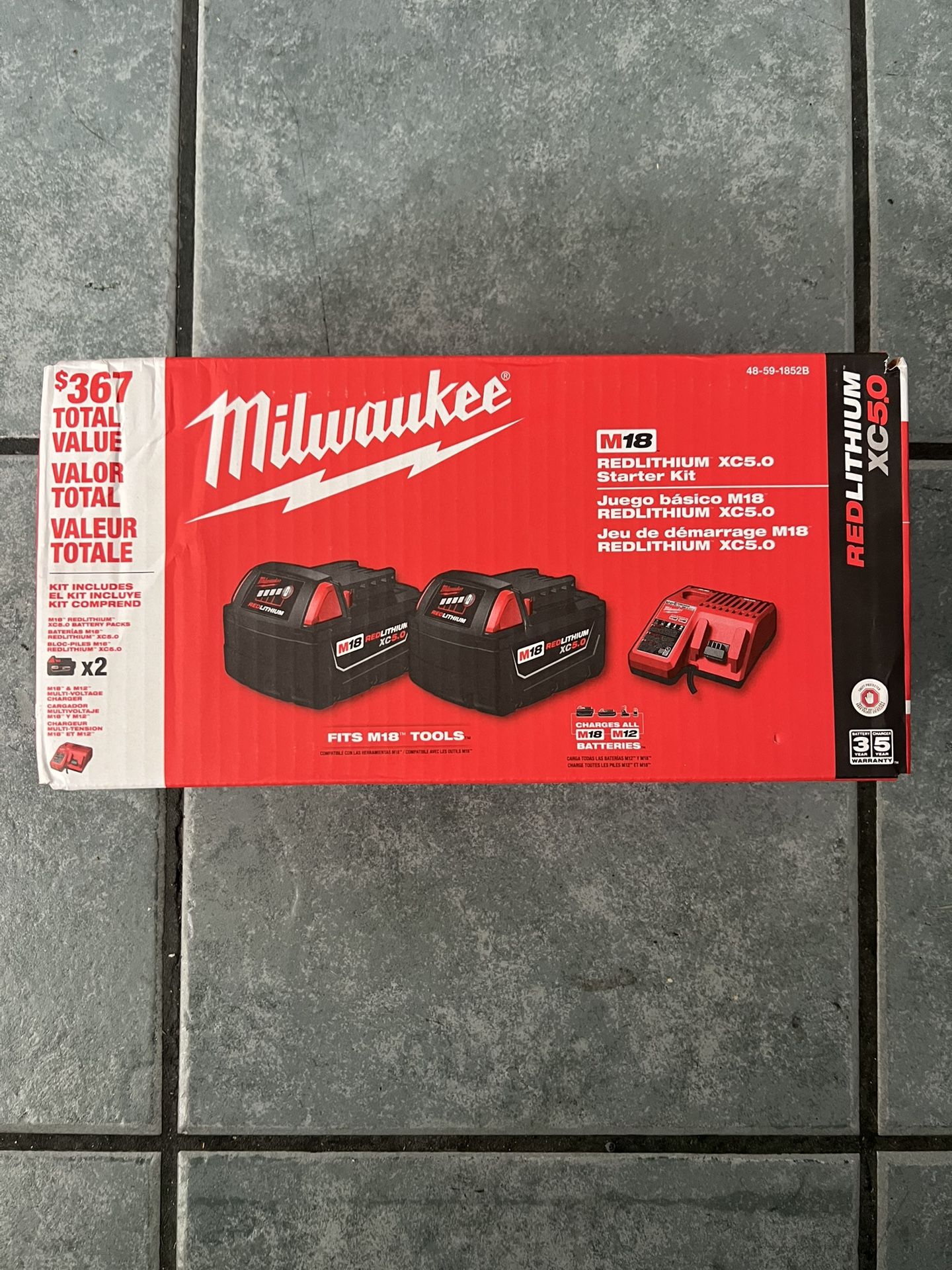 Milwaukee M18 18V Lithium Ion XC Starter Kit w Two 5.0 Ah Batteries and Charger 48-59-1852B