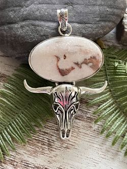 Scolecite Gemstone Bull Skull Horn 3.2” Pendant