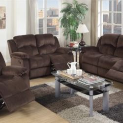 3 PC CHOCOLATE PADDED SUEDE RECLINER SET