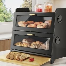 SNTD Bread Box - Kitchen Countertop Bread Storage Container with Bamboo Cutting Board, Adjustable Vent Hole Dials, Black