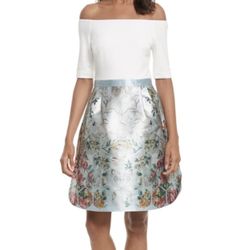 Ted Baker London Pale Blue Patchwork Bardot Dress Size 3 (8/10) Fit Flare 