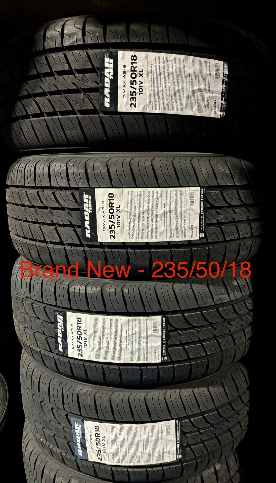 (4) - 235/50/18 Radar Dimax AS-8 Tires