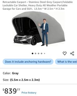 Retractable Carport – Stainless Steel Grey Carport,Foldable Lockable Car Shelter, Heavy Duty All Weather Portable Garage for Cars and SUV，L5.5m * W 2.