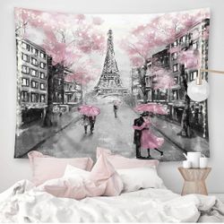 Pink Paris Eiffel Tower Tapestry for Living Room Decor 71Hx91W Inch Paris Theme Wall Hanging for Girls Women Vintage Romantic Home Wall Decor French S
