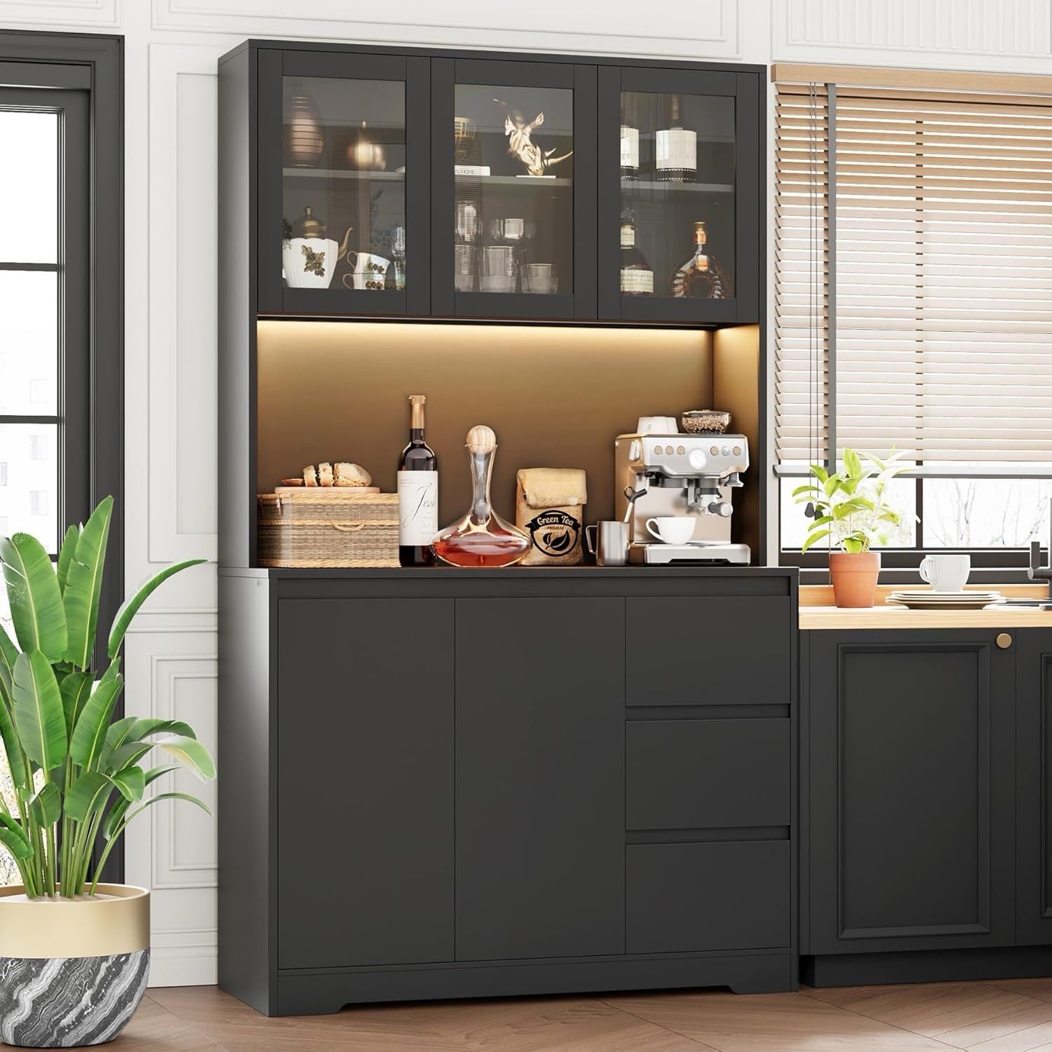 71" Kitchen Pantry Cabinet with LED Lights and Charging Station, Modern Kitchen Cabinet Hutch Cabinet with Storage and Microwave Stand, Pantry Cabinet