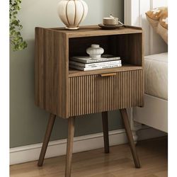 Nightstand,Modern Bedside Table with Storage Drawer and Open Wood Shelf, for Living Room, Bedroom and Small Spaces, Accent Night Stand with Solid Wood