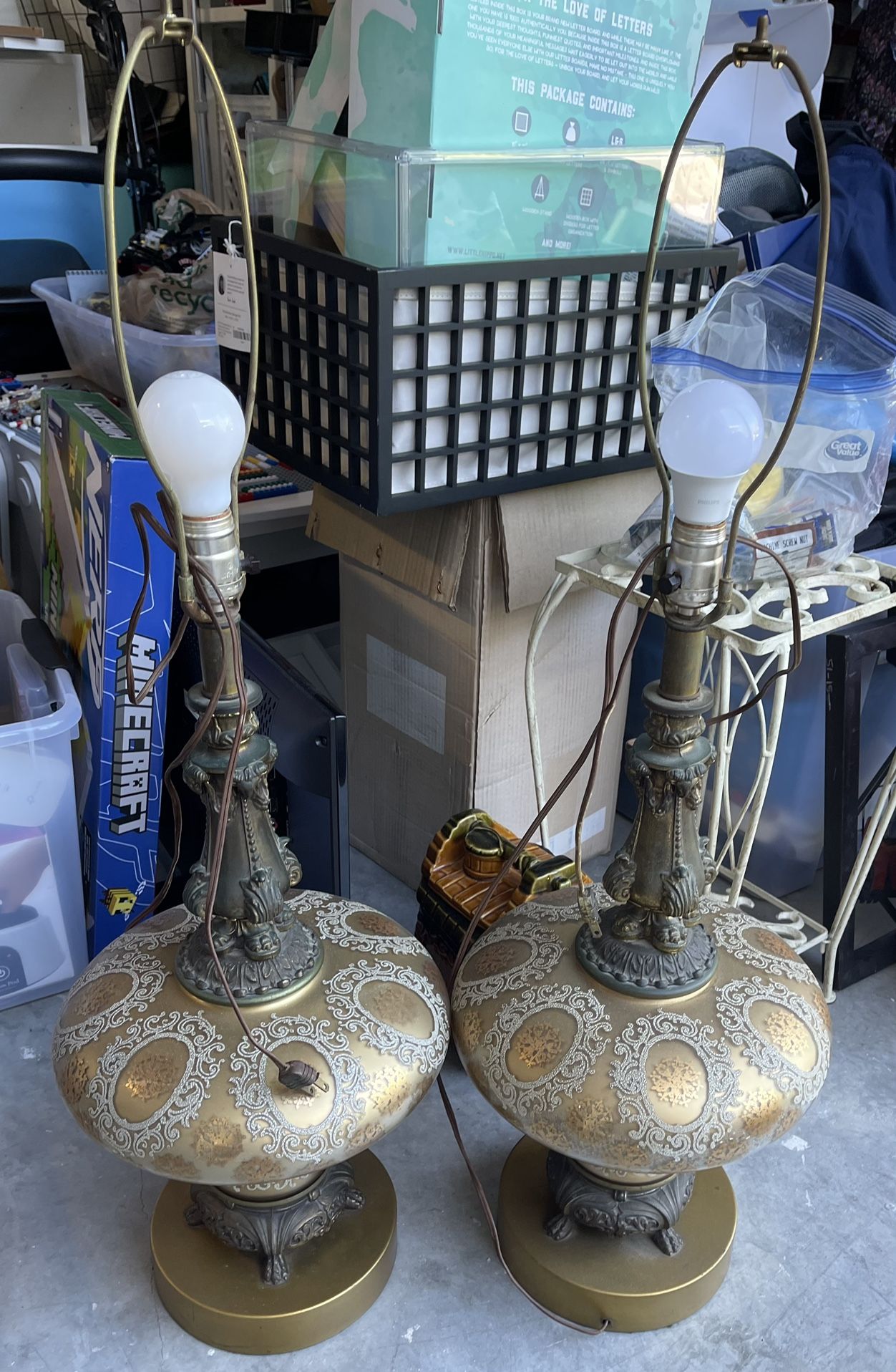Pair Of Beautiful Vintage Brass and Gold Trim Globe 36” tall Table Lamps.