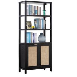 447  Bookshelf 5 Tier Book Shelf Rattan Boho Tall Bookcase with Doors Storage Wood Shelves Large Bookshelves Farmhouse Bookcases Book Case for Living 