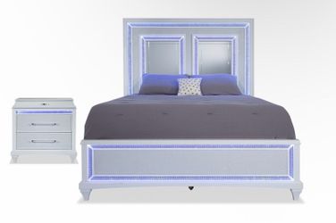 White LED Bed Frame with Nightstand Set