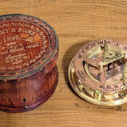 Antique Brass & Copper Sundial Compass With Leather Box 
