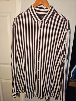 Zara Men's Long Sleeve Button-Up Shirt – XL – Burgundy/White Stripe, Relaxed Fit