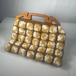 Handcrafted vintage antique 70s Crochet tote Bag with Wooden Handles