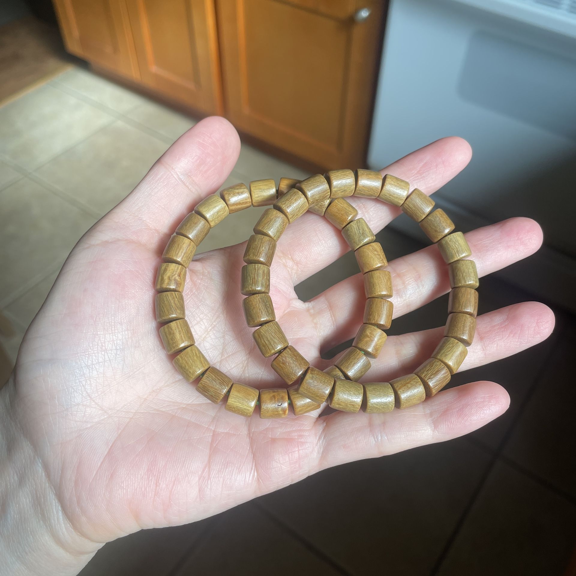 Two 8mm Argentina Green Verawood Straight Bean Bracelets