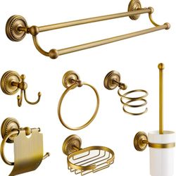 7 Piece Antique Brass Gold Bathroom Accessories Set - TooCust Brass 24” Double Towel Bar Set, Antique Bar Brass Bath Accessories - Wall Mounted Brass 