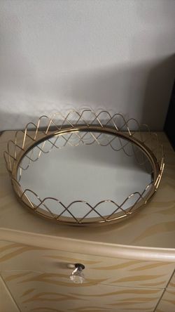 Round Gold Wire Mirror Vanity Tray