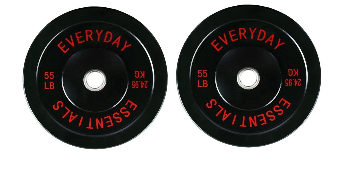 Brand New  Curl Bar And Pair Of 55Lb Bumper Plates 