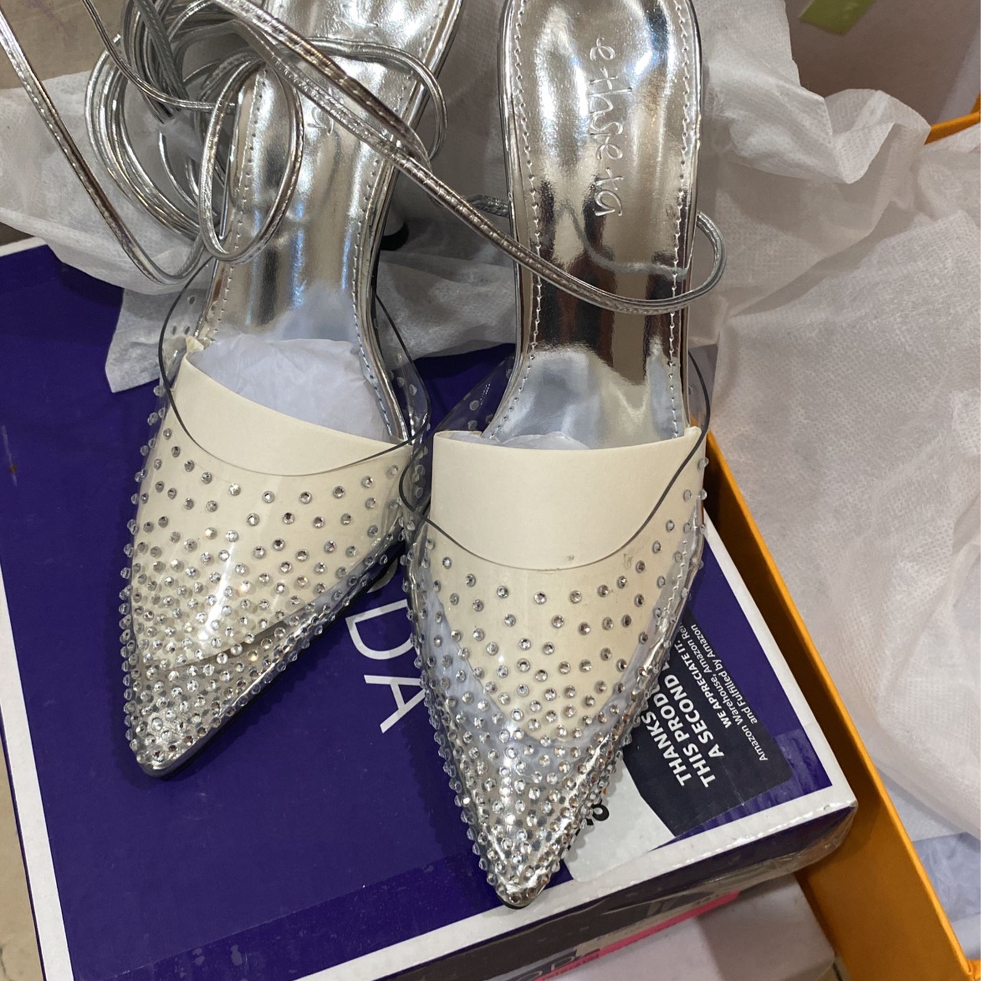 Clear 6 1/2 Women Pointed Rhinestone Heels Tie Up The Leg
