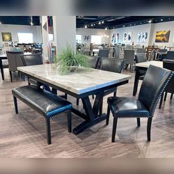 6PC Marble top Dining table set with Black Leather chairs