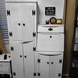 Vintage Secretary Desk Vanity Storage Space 6 Doors 1 Drop Down Table 1 Pullout Drawer 
