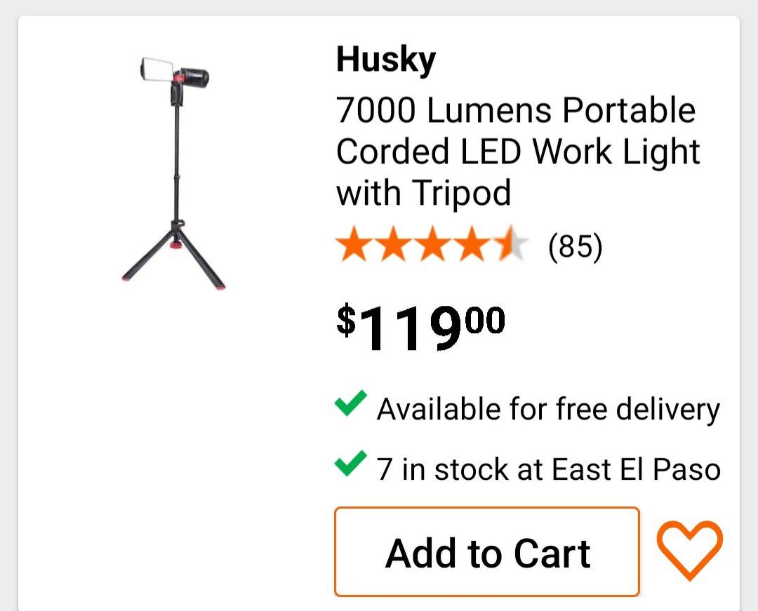 Husky 7000 Lumens Portable Corded LED Work Light with Tripod for Sale in El  Paso, TX - OfferUp