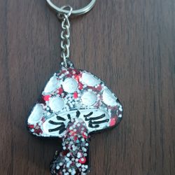 Handmade Red White Silver Glitter Resin Mushroom Keychain