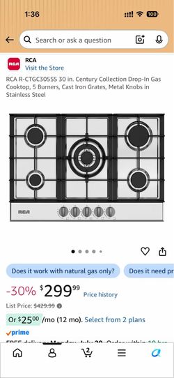 Brand new RCA R-CTGC305SS 30 in. Century Collection Drop-In Gas Cooktop, 5 Burners, Cast Iron Grates, Metal Knobs in Stainless Steel