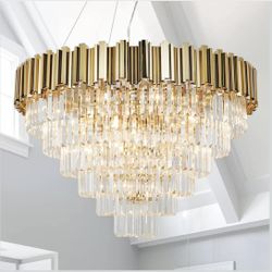 New D35.4”  XL 17-Light 6-Tier Gold Crystal Tiered Chandelier Luxury Lighting for High Ceilings 