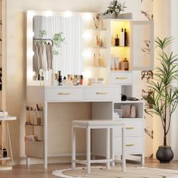 Makeup Vanity Desk with Mirror and Lights & Charging Station, White Vanity Makeup Table Set, RGB LED Cabinet, 5 Drawers & Side Storage Bag, Vanity Mir