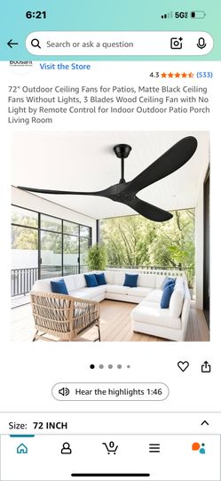 72” Out Door Ceiling Fan. Matte Black 
