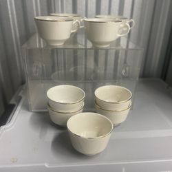 Set of 4 White Teacups & 5 bowls with Gold Trim