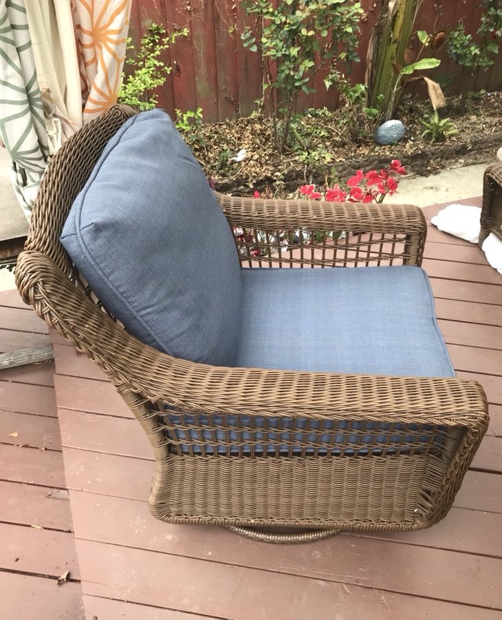 Hampton Bay Spring Haven Brown All-Weather Wicker Outdoor Patio Swivel Rocking Chair with Sky Blue Cushions